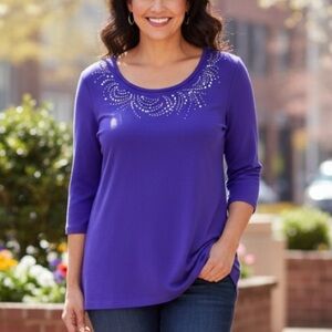 Quacker‎ Factory Purple Rhinestone Swirl 3/4 Sleeve Knit Top Size 1X
